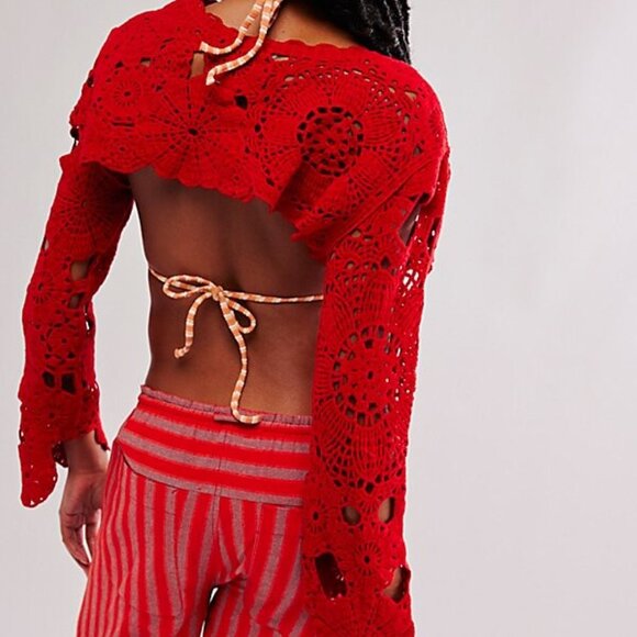 042 Free People Olivia Piecework Bolero NWOT Crimson One Size - Picture 2 of 8